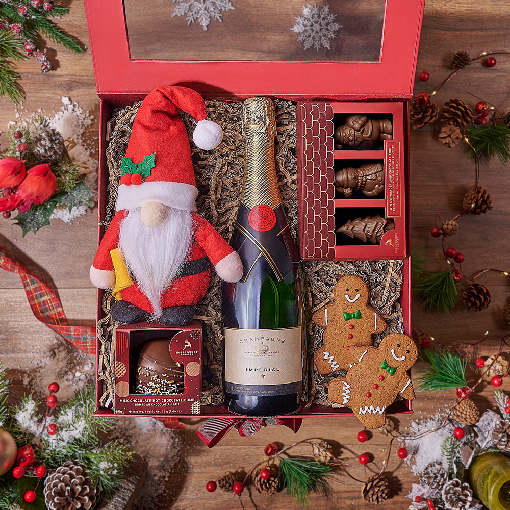 Large Sparkling Wine Gift Basket with Santa Figure and Holiday Chocolates – how the gift is presented