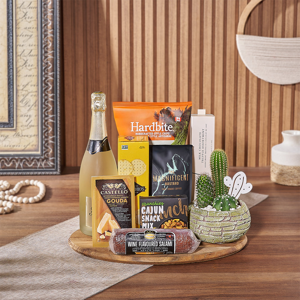 Premium Sparkling Wine Gift Basket Featuring Cheese and Treats – how the gift is presented