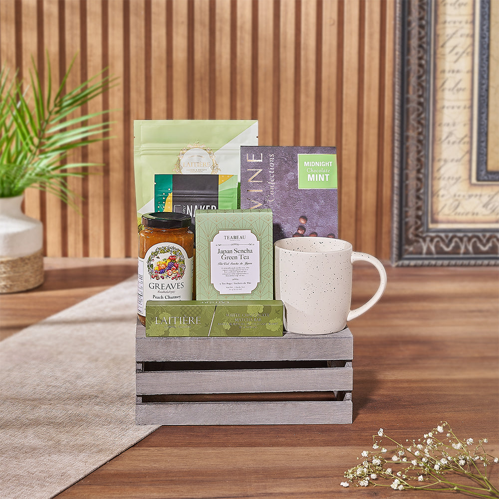 Assorted Gourmet Snack Basket in a Small Wooden Crate – how the gift is presented