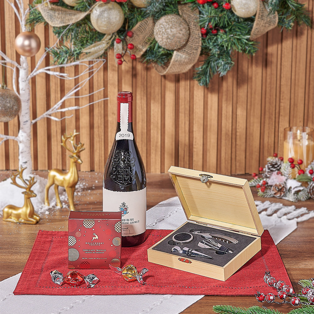 Wooden Box Wine and Chocolate Truffles Gift Basket for Holiday – how the gift is presented