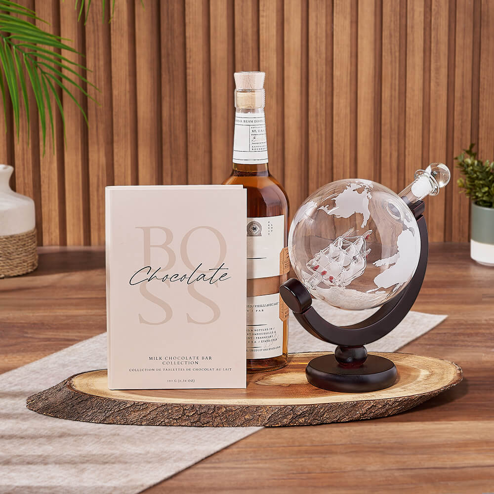 Whiskey Gift Basket and Chocolate Bars – how the gift is presented