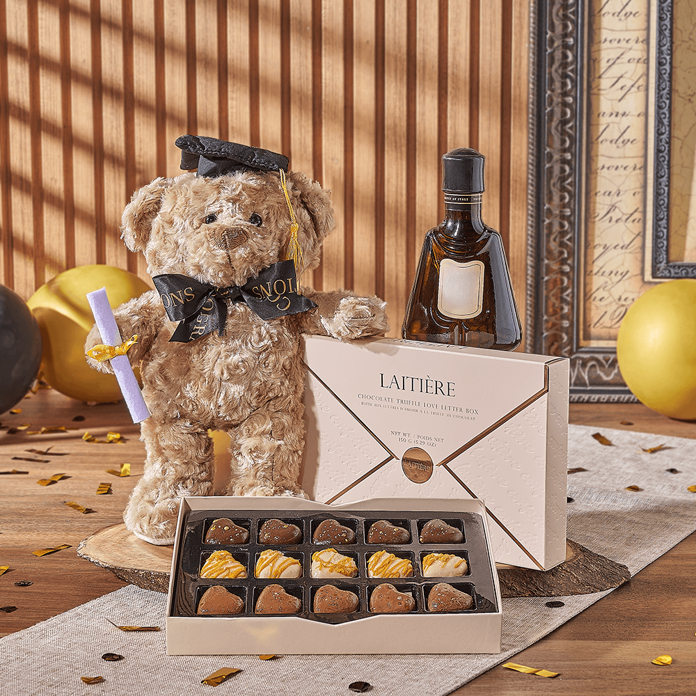 Spirits & Graduate Bear Gift, liquor gift, liquor, chocolate gift, chocolate, plush gift, plush, graduation gift, graduation, Washington delivery