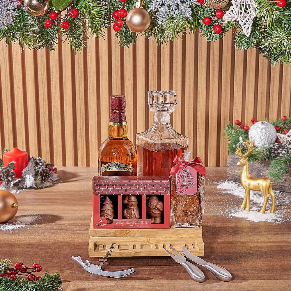 Whiskey Gift Basket with Grand Piano Cheese Board and Belgian Almond Brittle – how the gift is presented