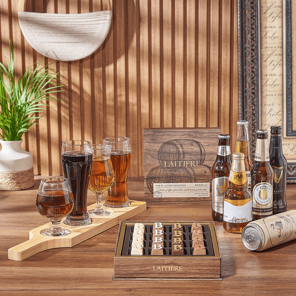 Gourmet Beer Flight Gift Basket with Chocolate Truffles – how the gift is presented