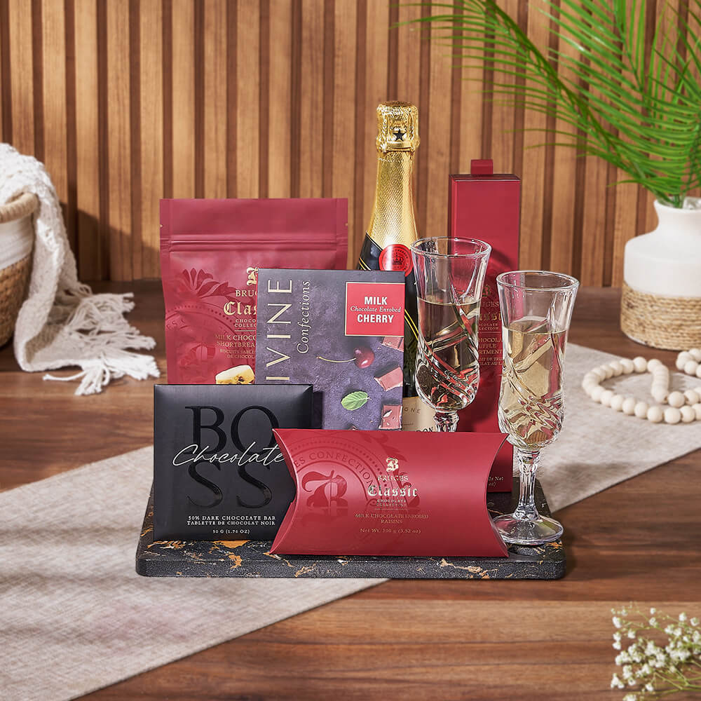 Sparkling Wine and Belgian Chocolate Basket – how the gift is presented