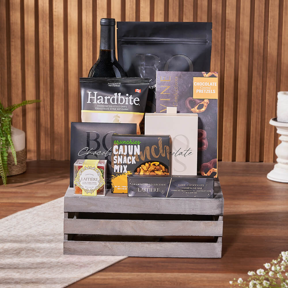 Wine with Gourmet Snacks Crate – how the gift is presented