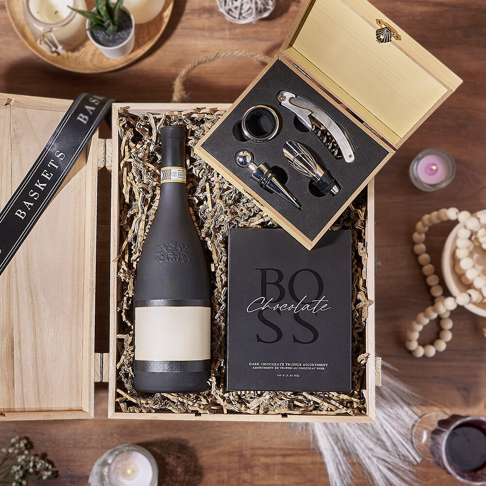 Wooden Wine Box with Wine and Premium Boss Truffles – how the gift is presented