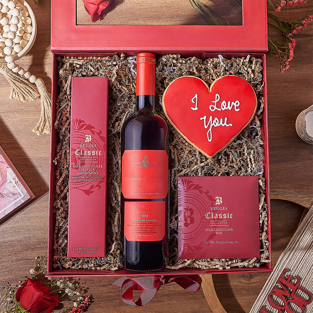Red Wine and Chocolates Valentine's Gift – how the gift is presented