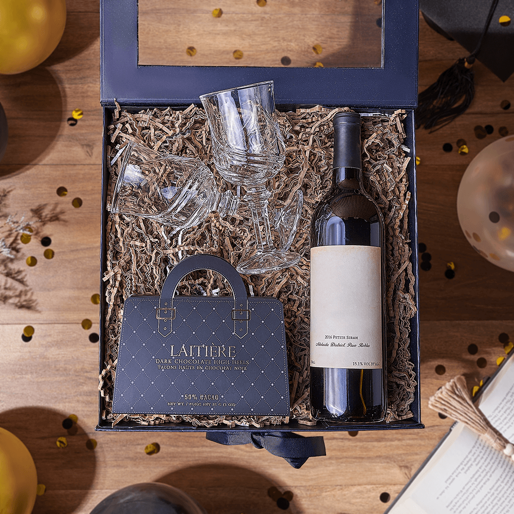 Graduation Wine Glasses and Chocolate Box – how the gift is presented