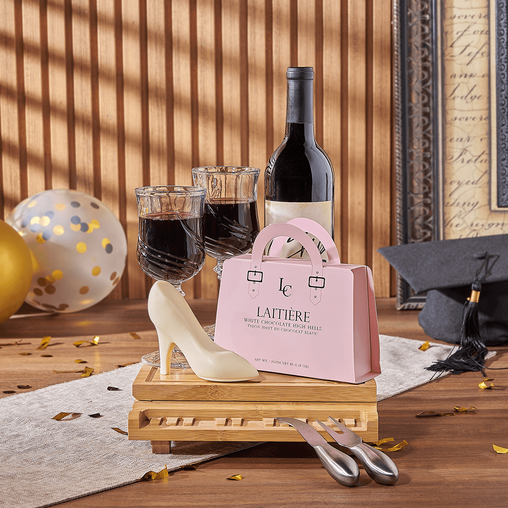Graduate Wine Basket with Bamboo Piano Cheese Board and Chocolate – how the gift is presented