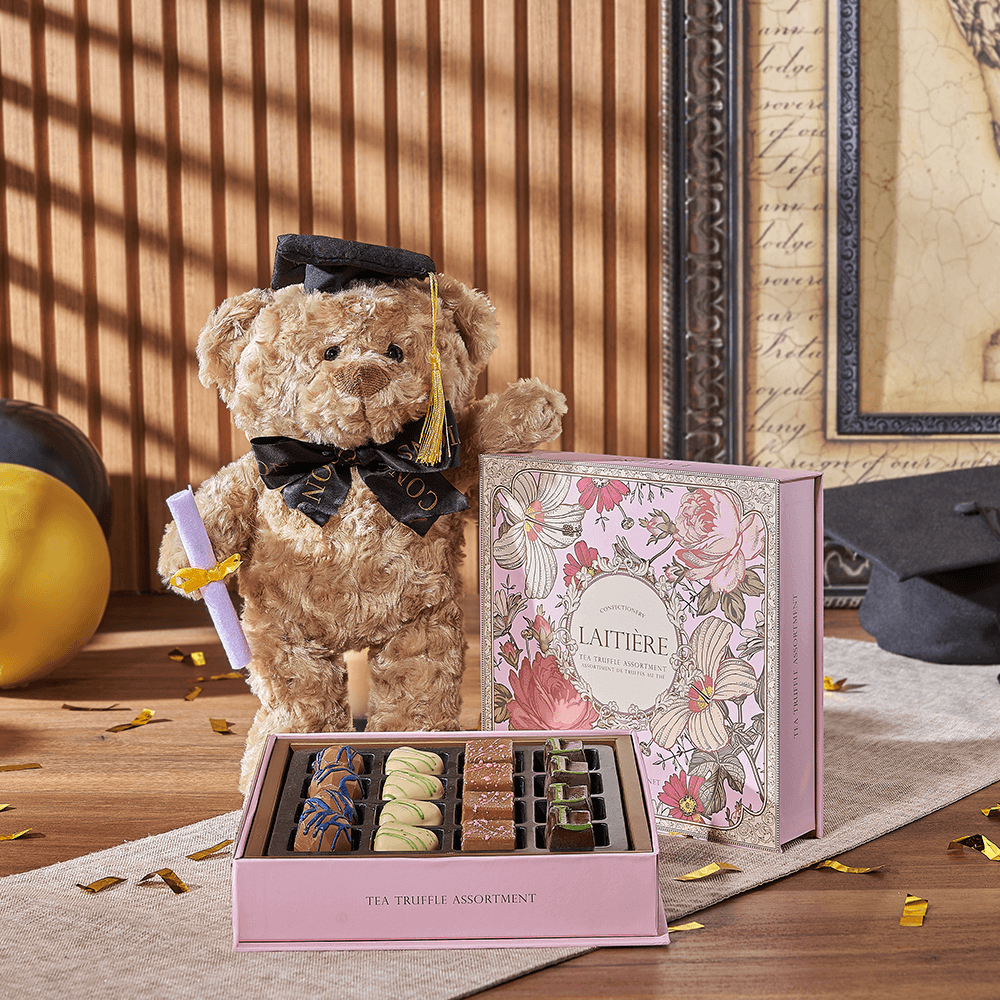 Teddy Bear Graduation Gift with Truffles – how the gift is presented