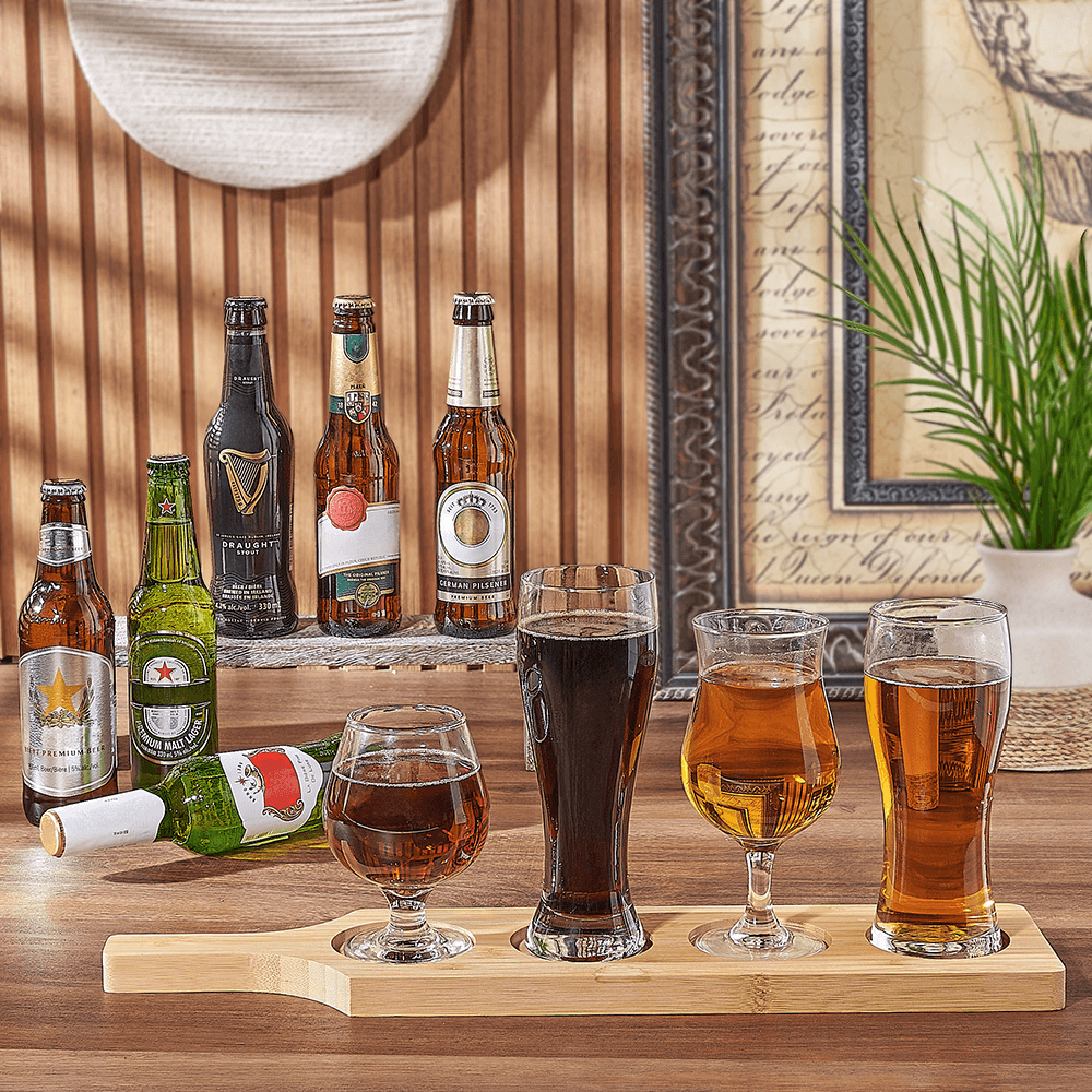 Six Beer Flight and Glassware Basket – how the gift is presented