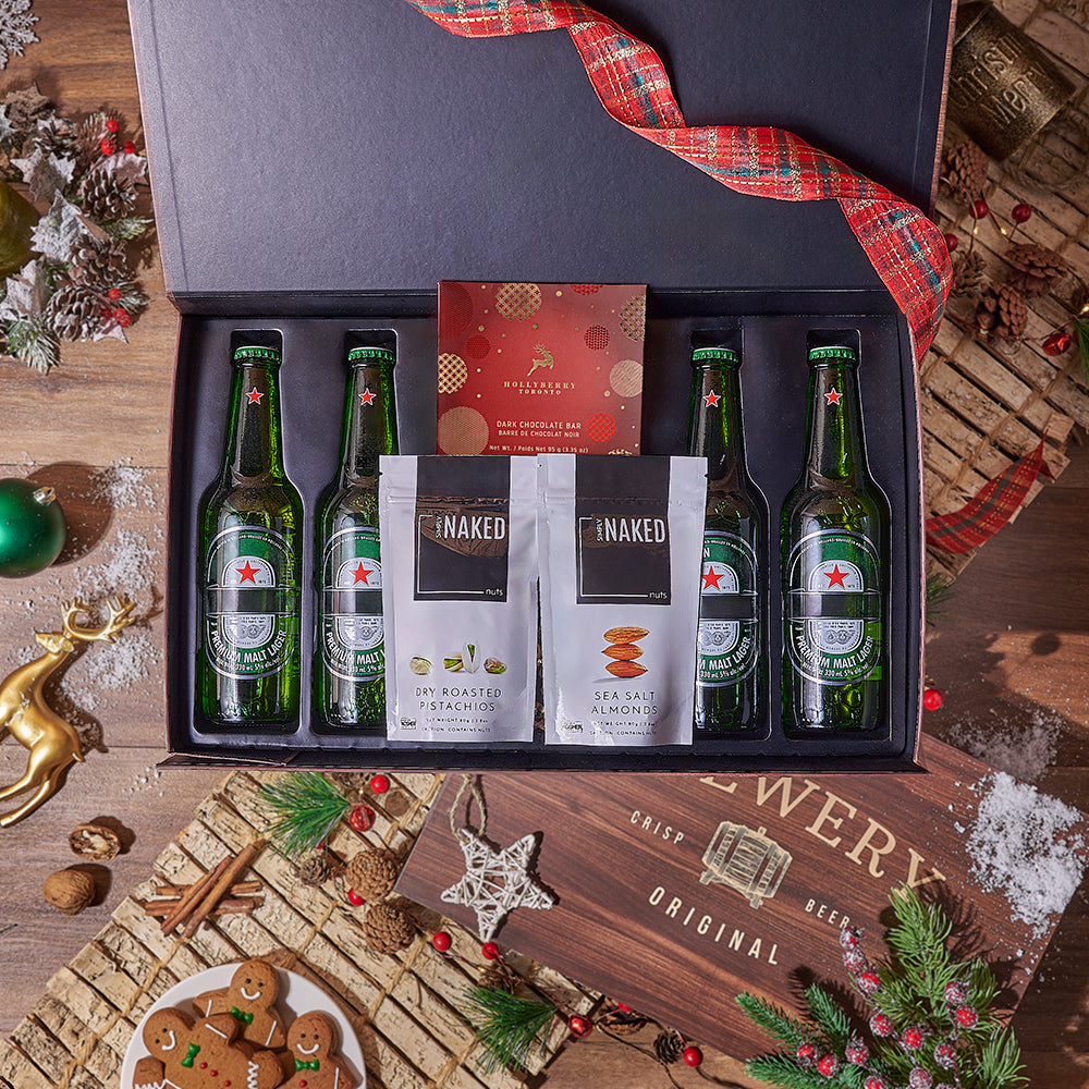 Holiday Beer Gift Basket with Nuts and Dark Chocolate – how the gift is presented