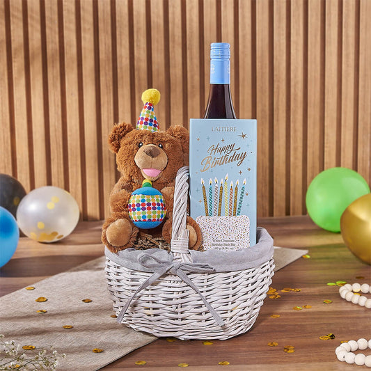 Birthday Wine & Bear Gift Basket, wine gift, wine, birthday gift, birthday, chocolate gift, chocolate, Washington delivery