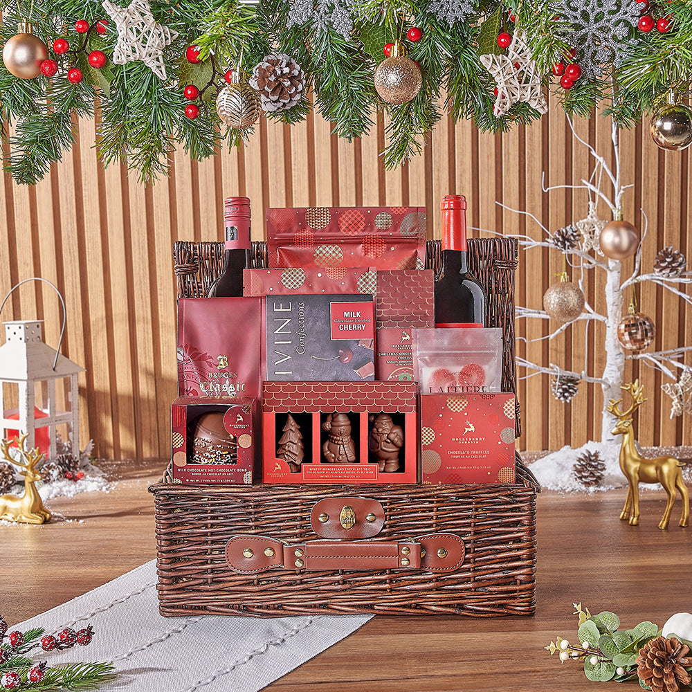 Holiday Celebration Wine and Gourmet Snack Gift Basket – how the gift is presented