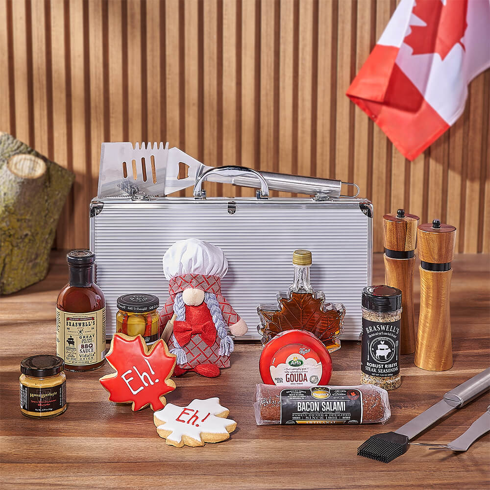 Gourmet BBQ and Maple Syrup Gift Basket – how the gift is presented
