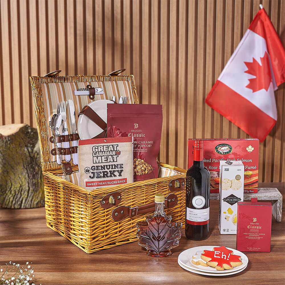 Full Picnic Basket with Wine and Canada Day Gourmet Treats – how the gift is presented