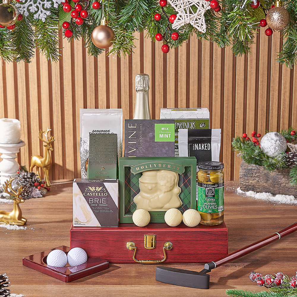 Holiday Golf Gift Set with Sparkling Wine in Wooden Travel Case – how the gift is presented