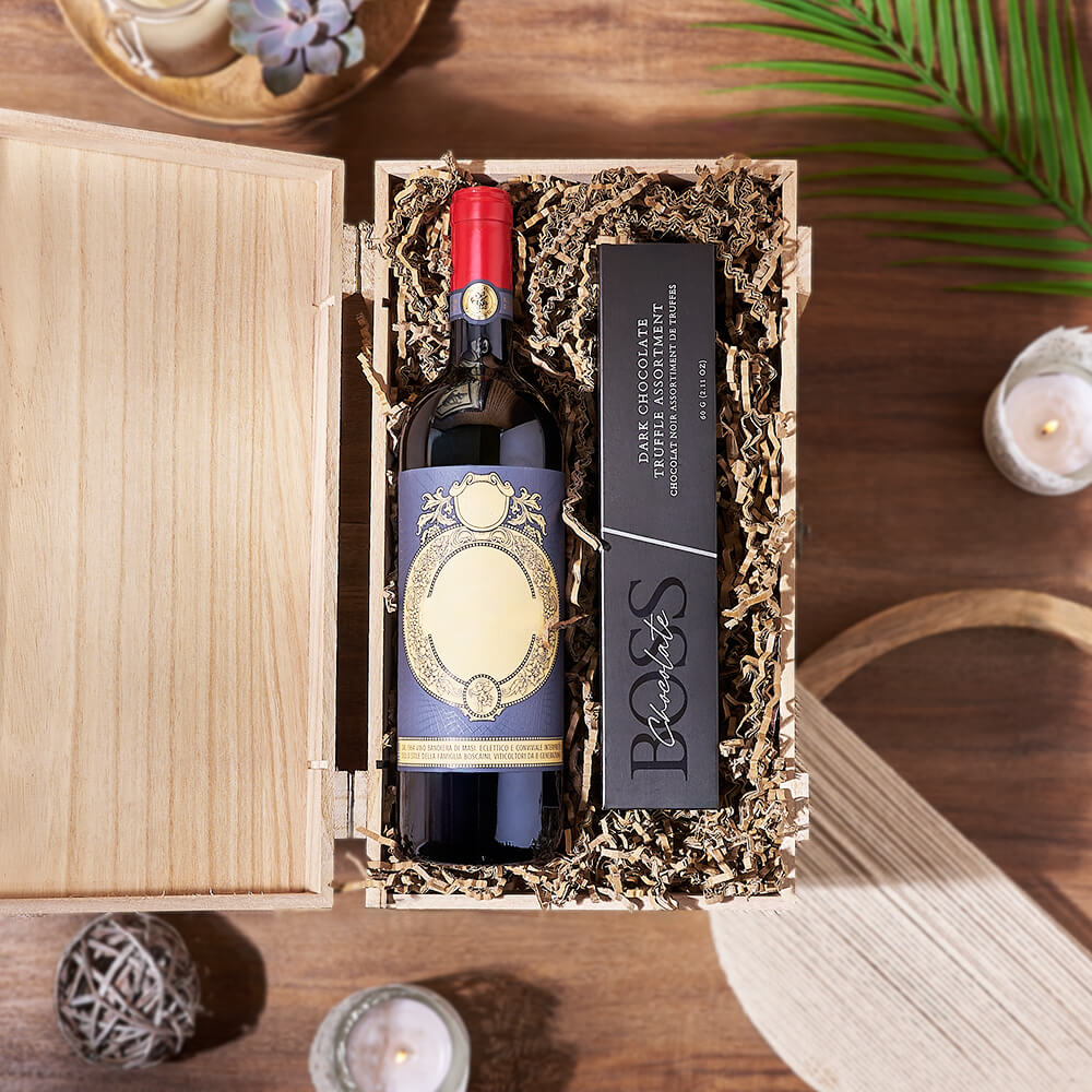 Wine and Artisan Truffles Wooden Box – how the gift is presented