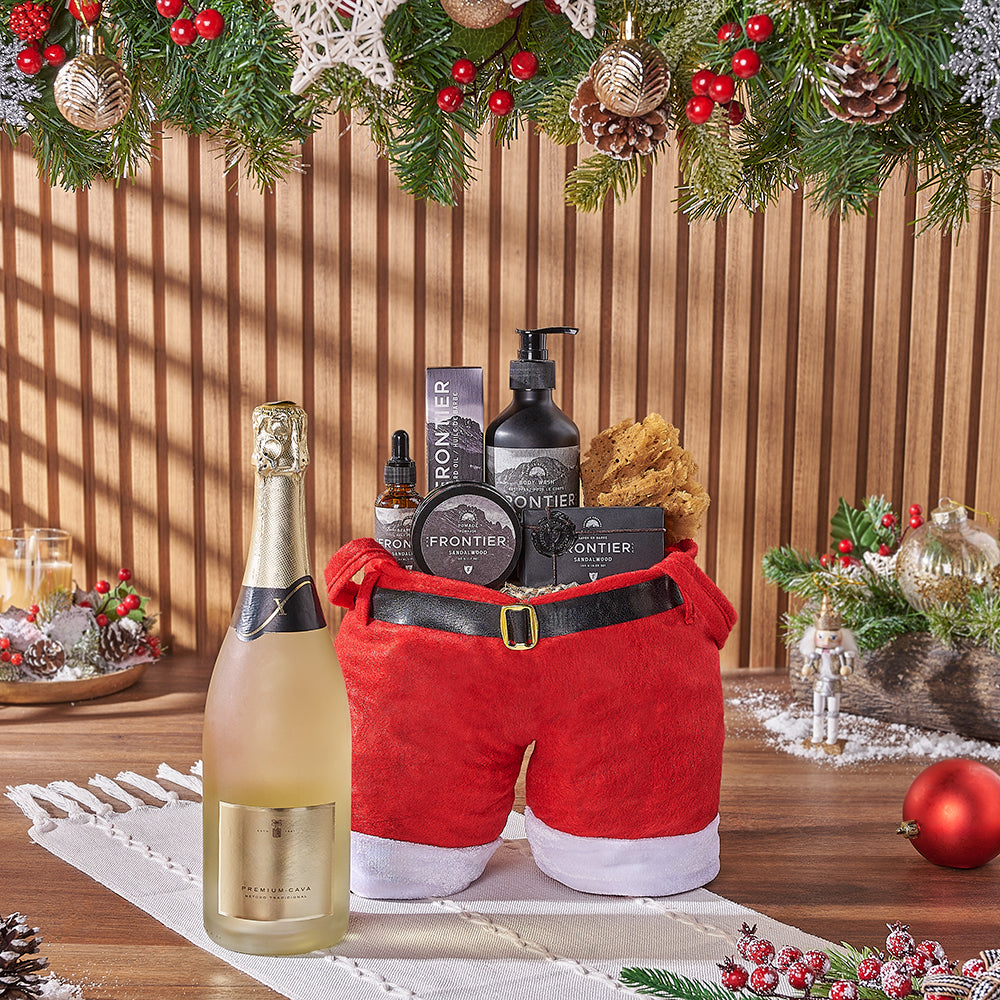 Holiday Sparkling Wine Pampering Gift in Santa Pants Bag – how the gift is presented