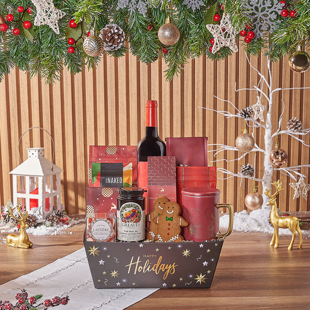 Christmas Wine and Holiday Snack Tray – how the gift is presented