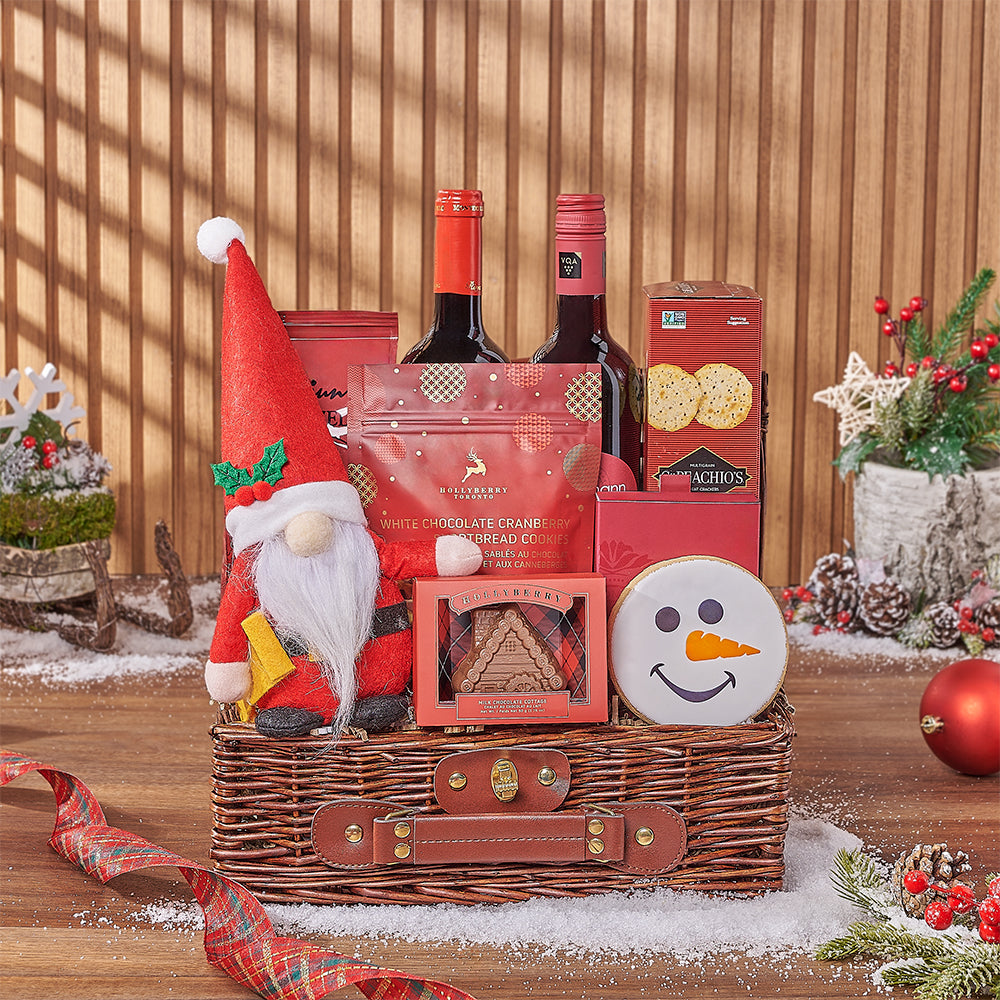 Small Wicker Picnic Basket Christmas Gift with Two Wines and Gourmet Snacks – how the gift is presented