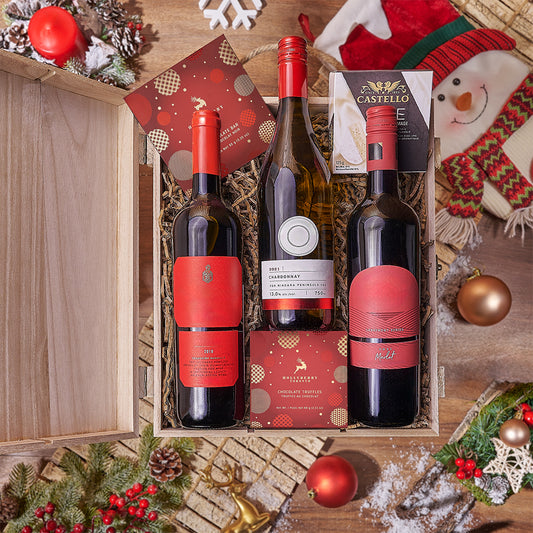 Christmas Wine Trio, wine gift, wine, chocolate gift, chocolate, cheese gift, cheese, Washington delivery