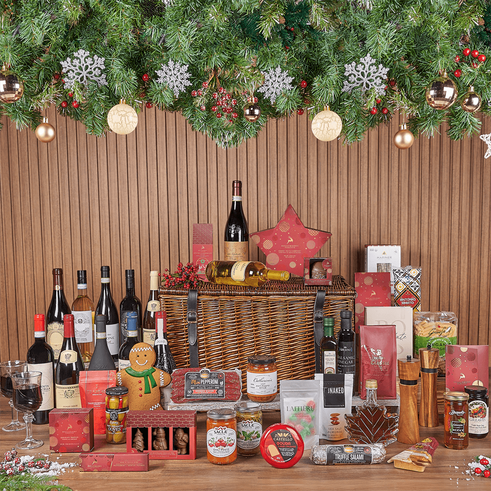 Premium Holiday Wine and Snack Basket – how the gift is presented