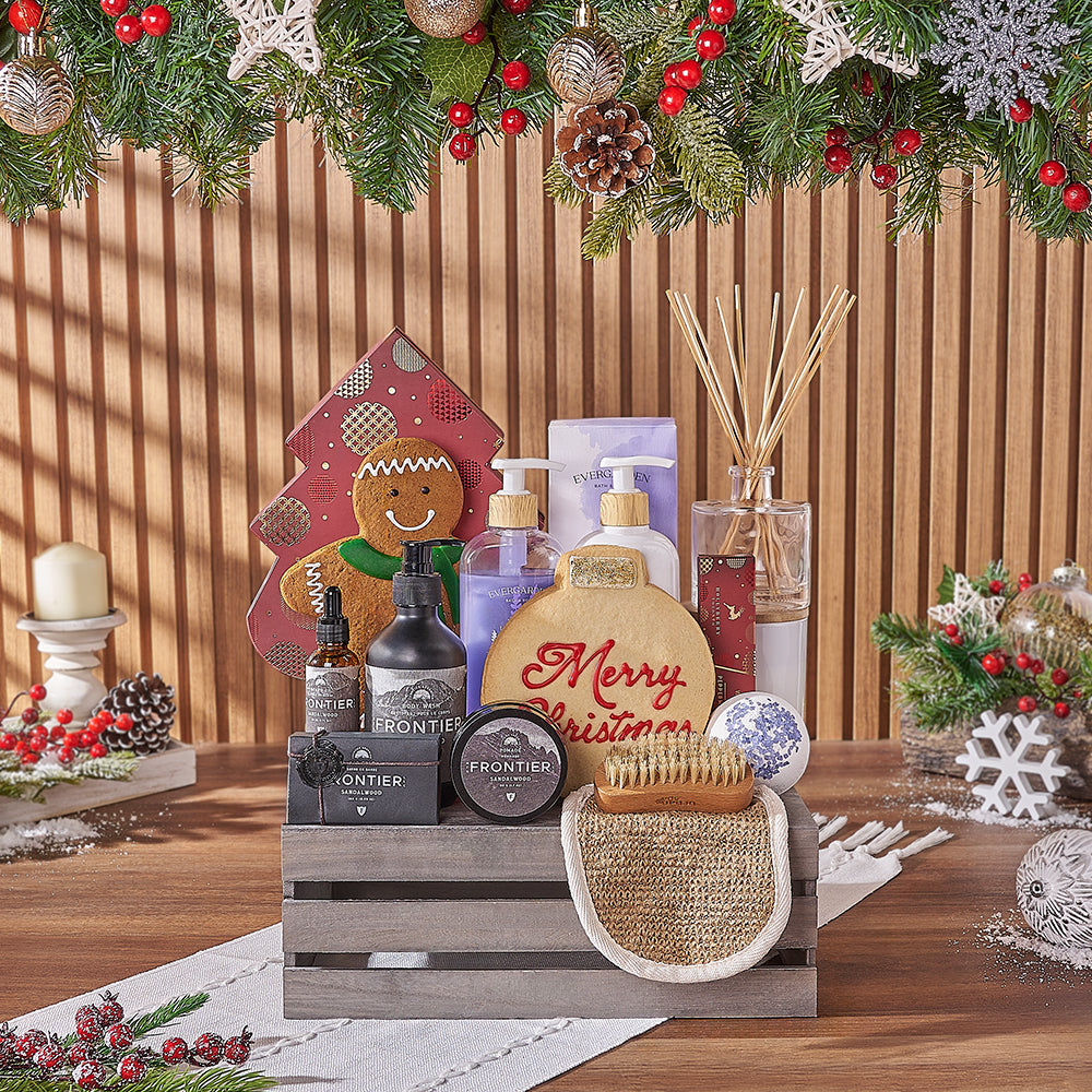 Holiday Spa Gift Basket Featuring Chocolate Truffles and Lavender – how the gift is presented