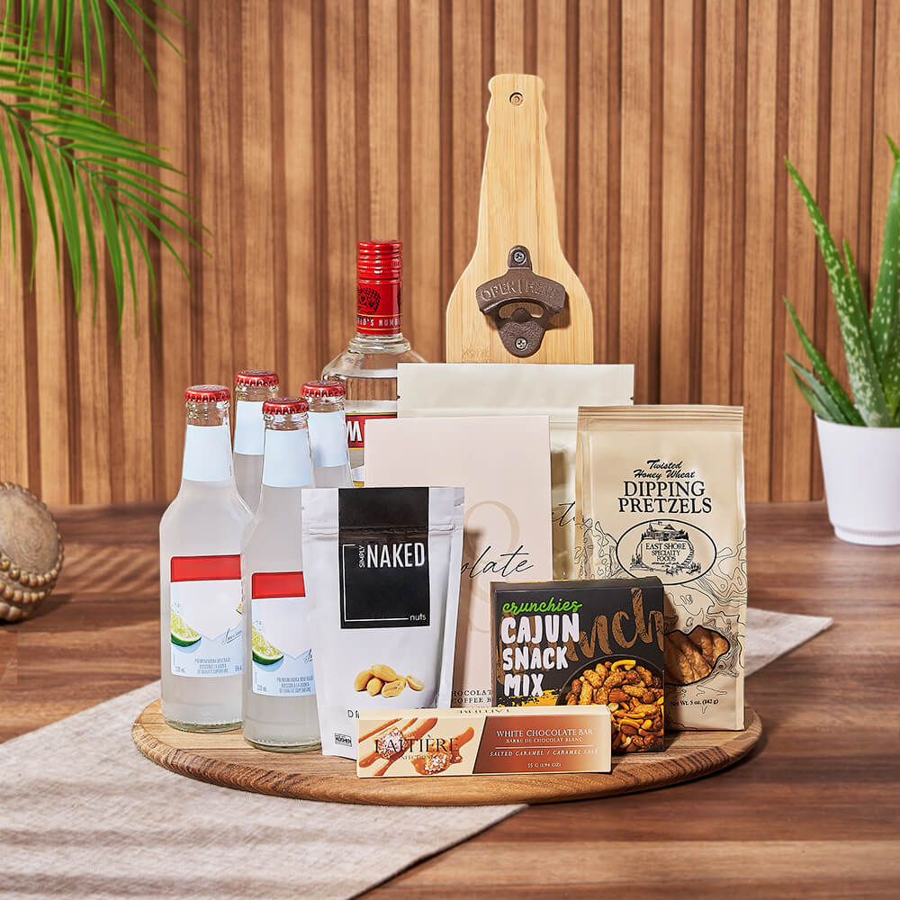 Liquor Gift Basket with Pretzels – how the gift is presented