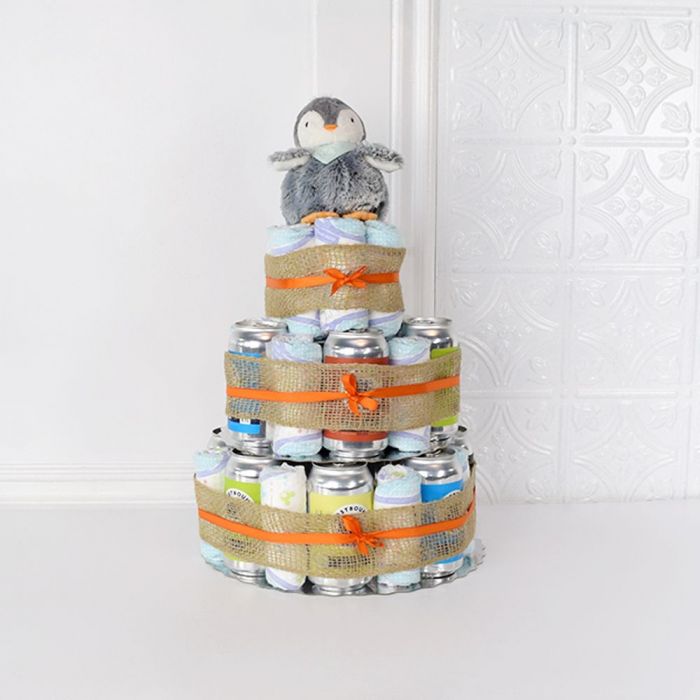 Baby Arrival Gift Basket Featuring 17 Diapers, Craft Beer, and Plush Toy – how the gift is presented