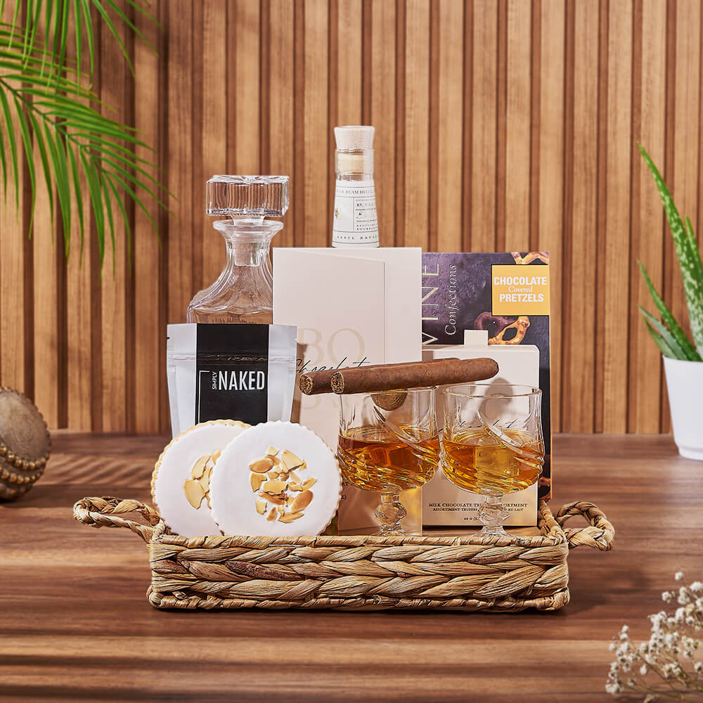 Liquor Gift Set in Woven Tray – how the gift is presented