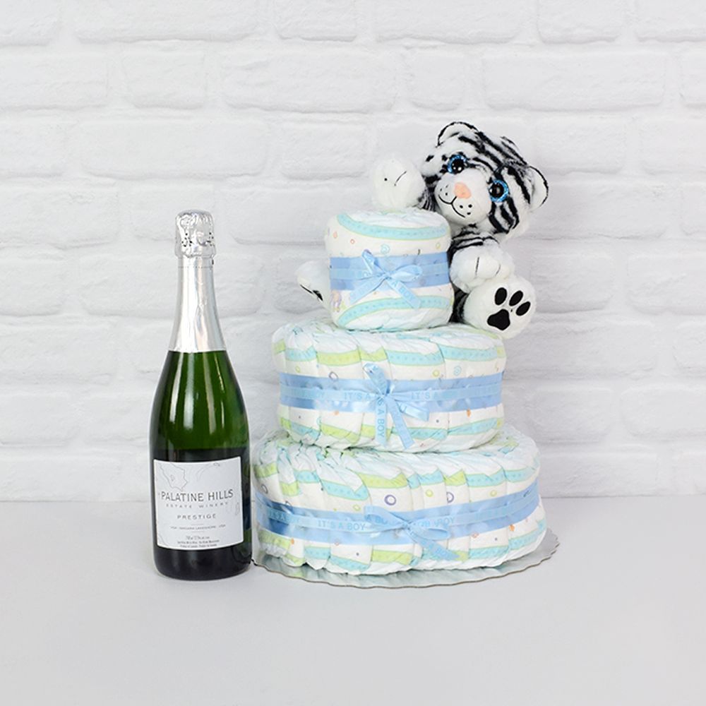 Diapers & Plush Tiger Champagne Gift Set from Washington Baskets - Washington Delivery