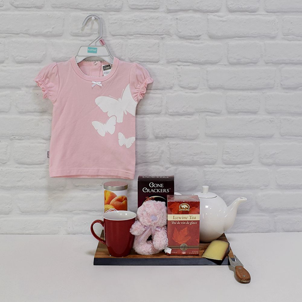 Newborn Baby Girl Gourmet Gift Basket with Plush Rattle and Pink T-Shirt – how the gift is presented