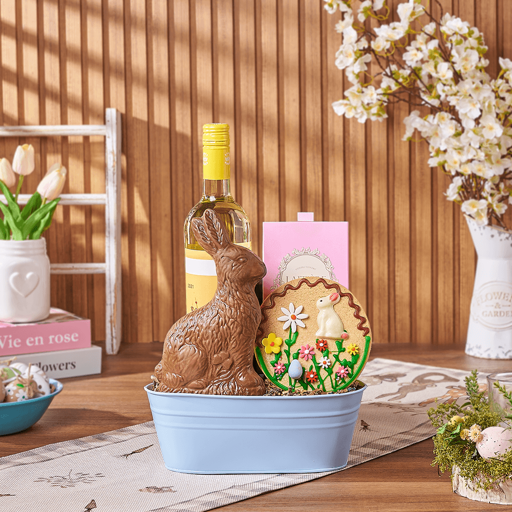 Easter Wine with Chocolate Bunny Basket – how the gift is presented