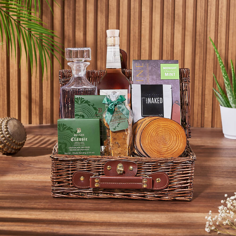 Whiskey Gift Basket with Elegant Glass Decanter and Treats – how the gift is presented