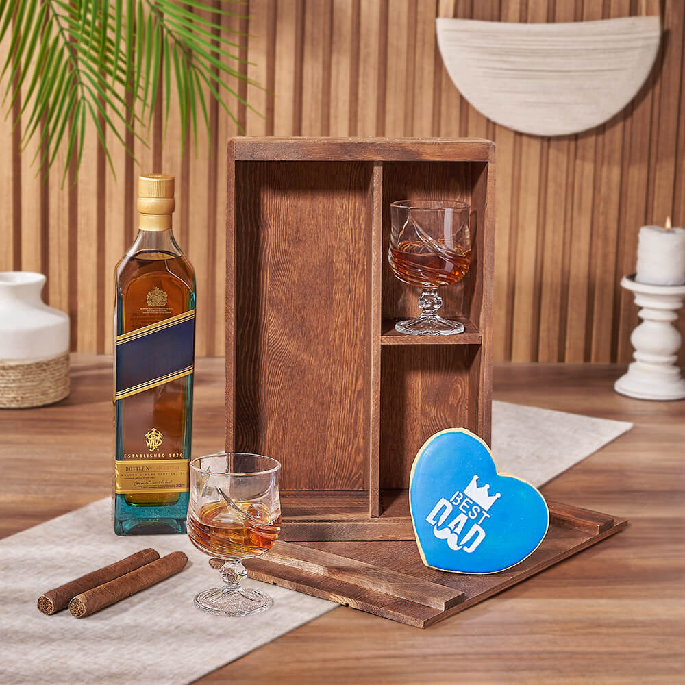 Whiskey Gift Basket Featuring Two Cigars and Blue 'Best Dad' Heart Cookie – how the gift is presented