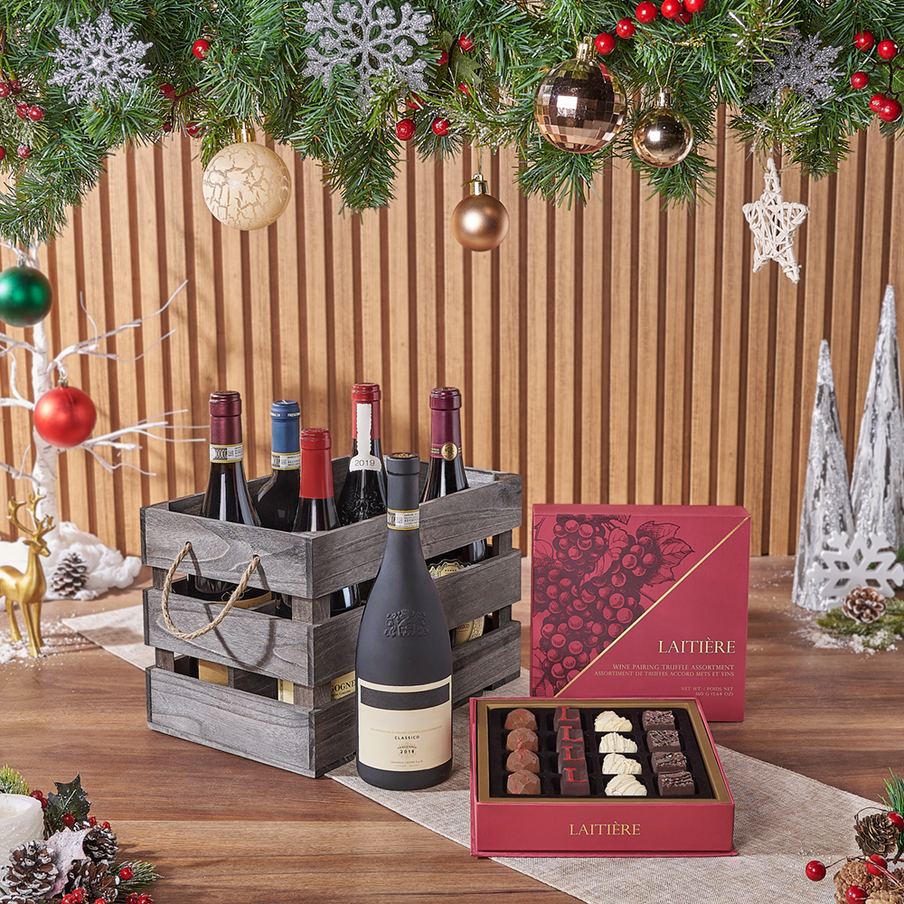 Festive Christmas Wine Gift Crate, wine gift, wine, christmas gift, christmas, holiday gift, holiday, chocolate gift, chocolate, Washington delivery