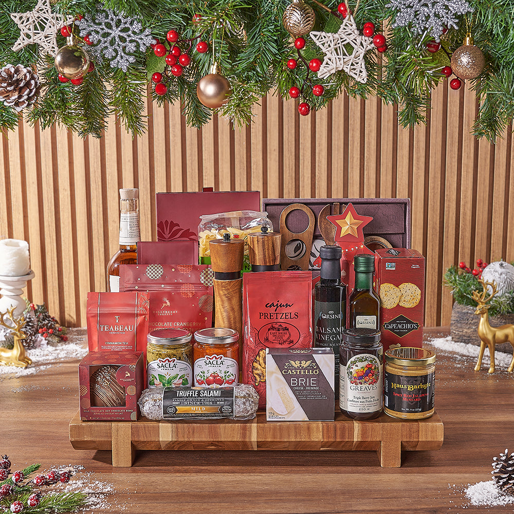 Holiday Whiskey Crate with Gourmet Chocolates and Pasta Tools – how the gift is presented