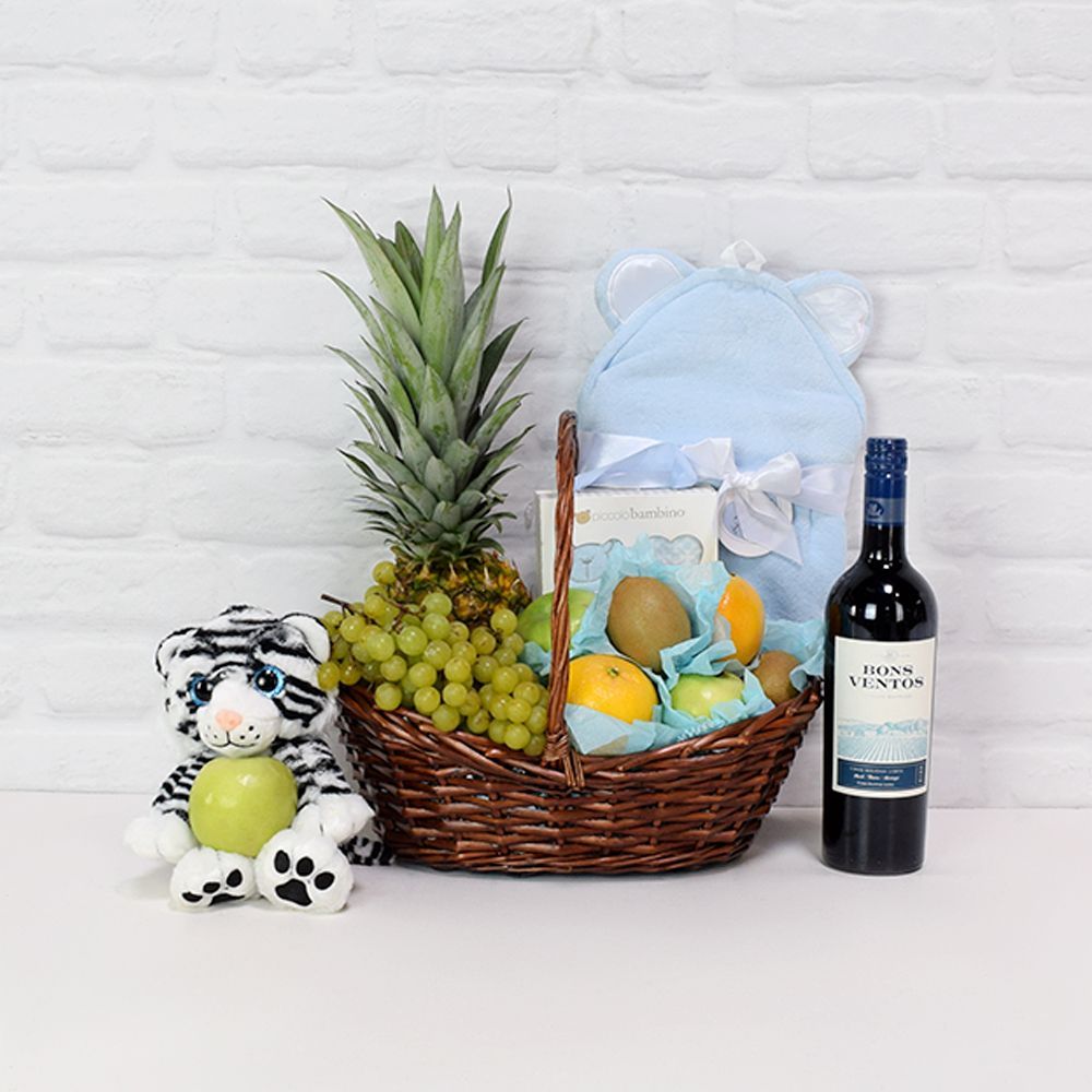 Deluxe Wine and Fresh Fruit Gift Basket in Willow Boat – how the gift is presented