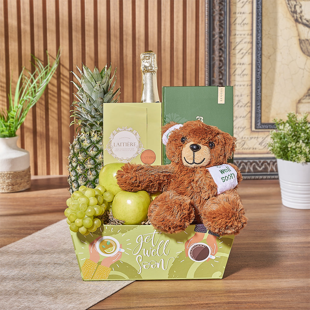 Get Well Soon Sparkling Wine Market Tray Gift with Plush Bear – how the gift is presented