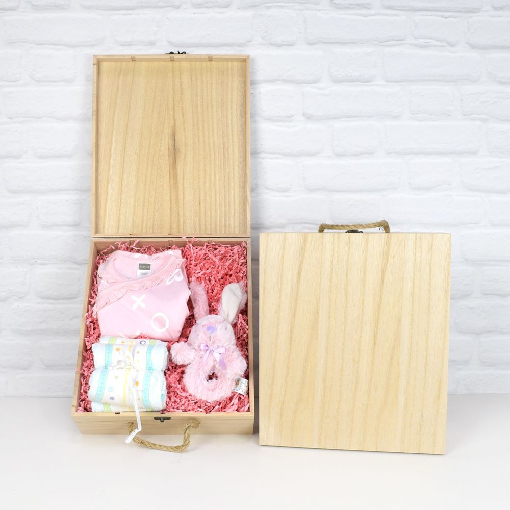 Baby Girl Celebration Gift Set in Four Slot Pine Box – how the gift is presented
