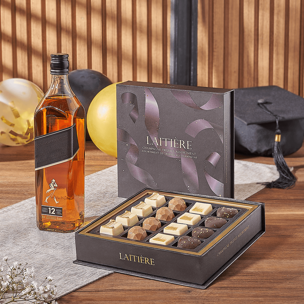 Graduation Whiskey and Treats Basket – how the gift is presented