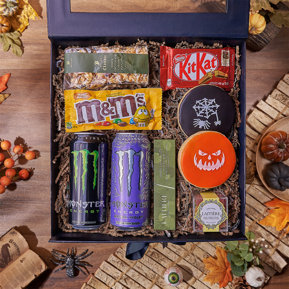 Halloween Energy Drink and Snack Basket – how the gift is presented