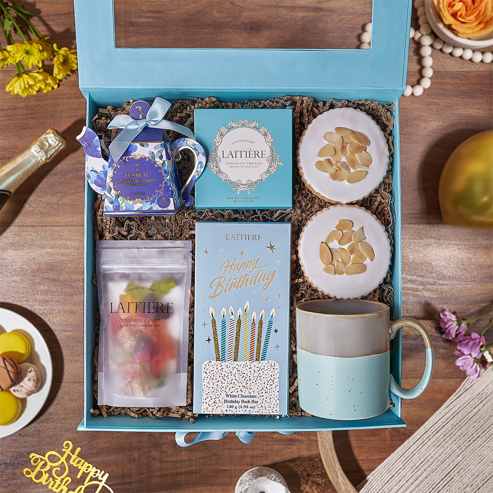 Blue Teal Gift Box with Birthday White Chocolate and Tea – how the gift is presented