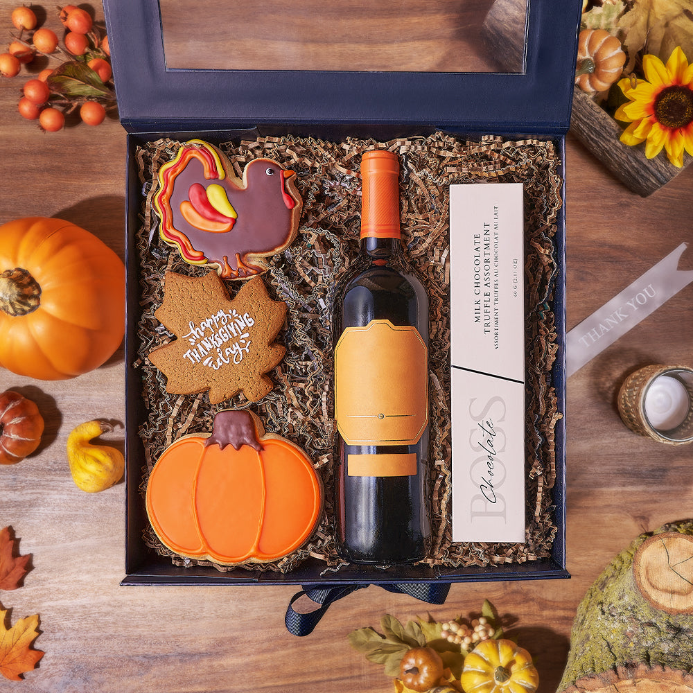 Thanksgiving Red Wine with Cookies Box – how the gift is presented