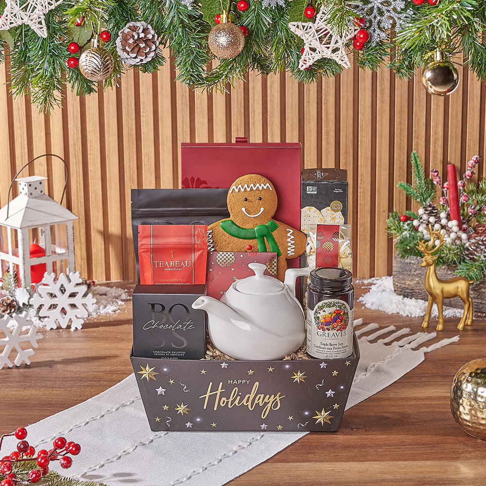 Holiday Gift Basket with Assorted Chocolates and Jam – how the gift is presented