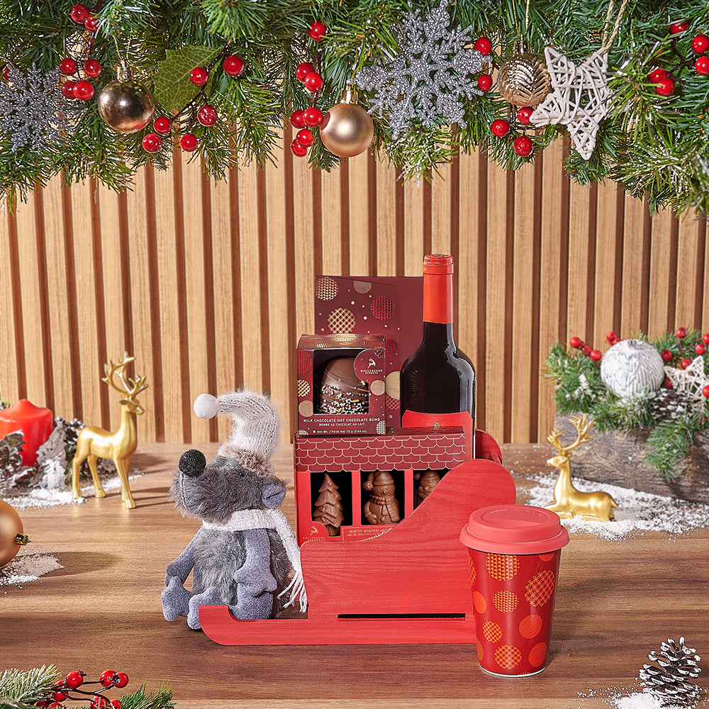 Holiday Wine Sleigh Basket – how the gift is presented