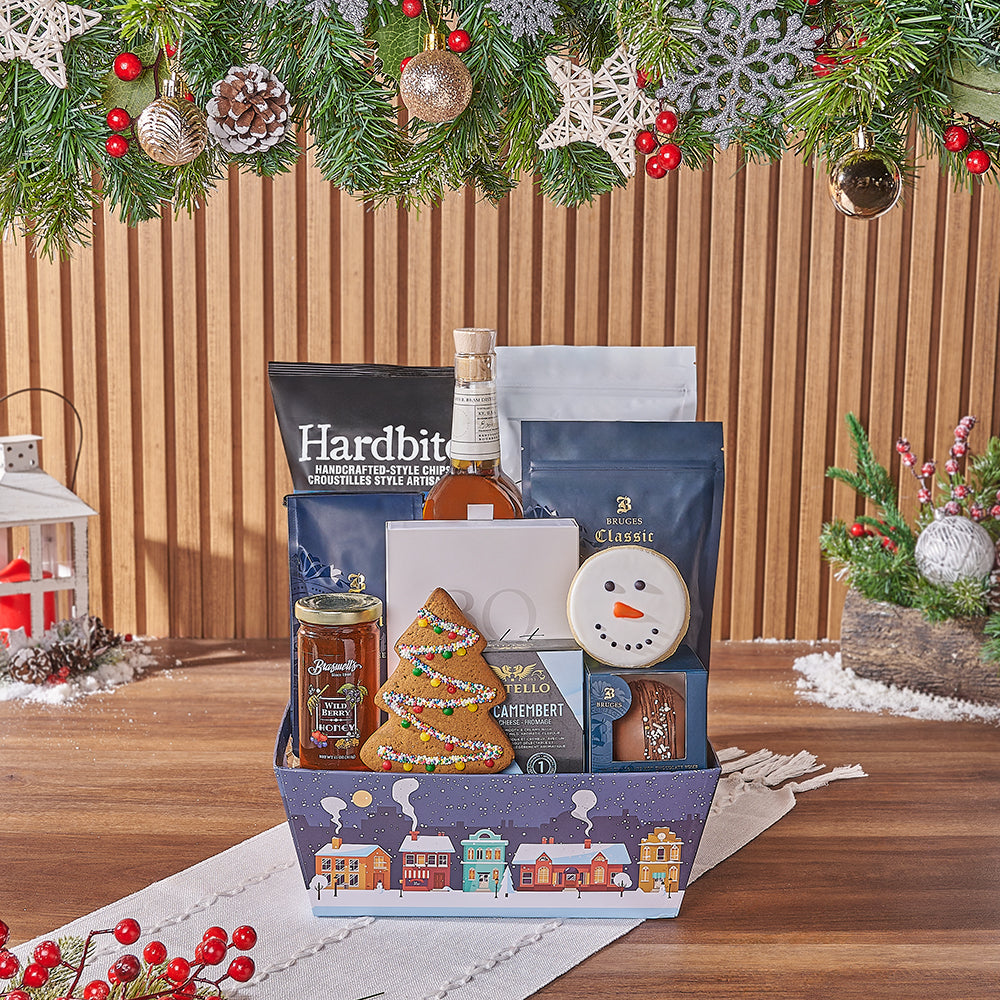 Whiskey and Holiday Gourmet Basket – how the gift is presented