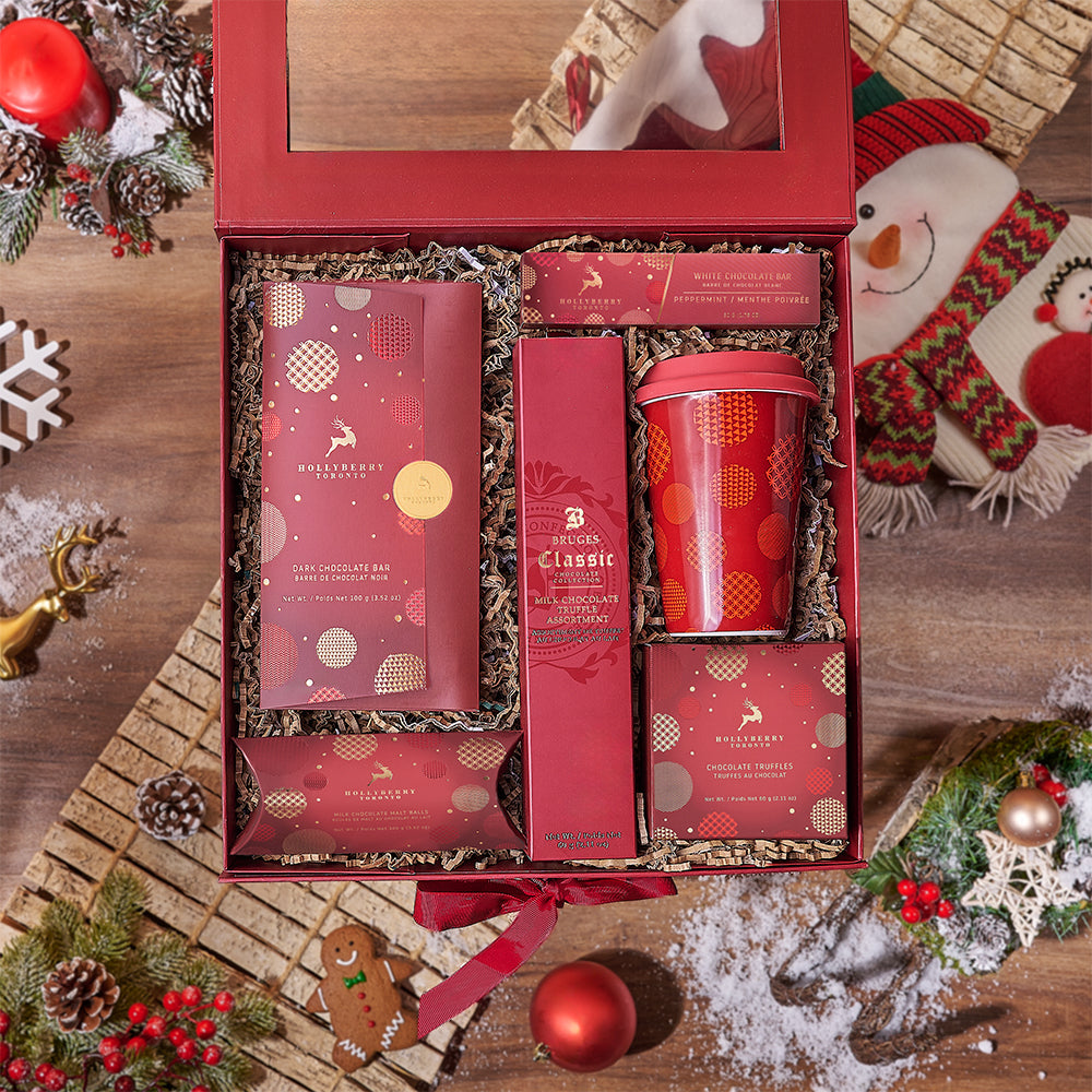 Deluxe Chocolate Treats Gift Basket with Red Tumbler – how the gift is presented